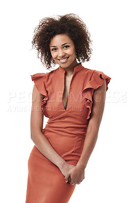 Buy stock photo Business woman, fashion and smile portrait with a stylish person in studio. Isolated, white background and African female worker with employee work dress with professional style and natural hair