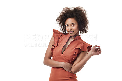 Buy stock photo African woman, fashion and portrait with a stylish and business person in studio. Isolated, white background and female entrepreneur with employee and professional work style with a smile and mockup