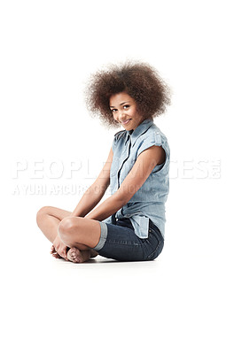 Buy stock photo Smiling young african american woman sitting isolated on white