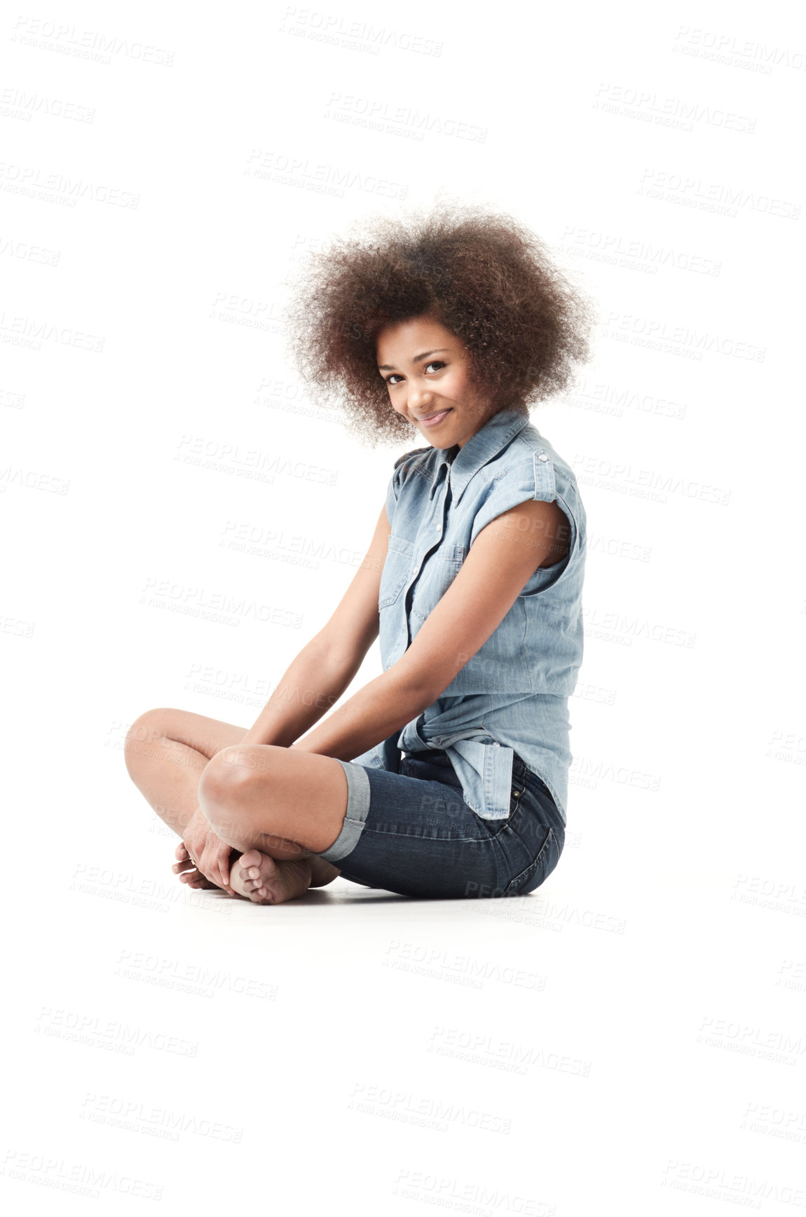 Buy stock photo Smiling young african american woman sitting isolated on white