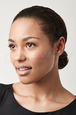 Buy stock photo Happy woman, face and makeup in natural beauty, cosmetics or skincare against a white studio background. Isolated young and attractive female person or model looking away with facial treatment