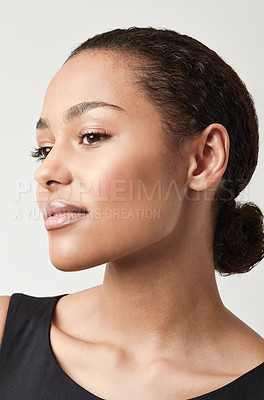 Buy stock photo Black woman, profile and natural beauty with confidence and cosmetics in a studio. Isolated, white background and young face of a African female person and model relax with makeup and confidence