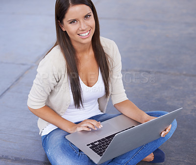 Buy stock photo College student, portrait and woman outdoor with laptop, research project and studying for education. University, person and smile at academy typing on computer at campus, park or working in city