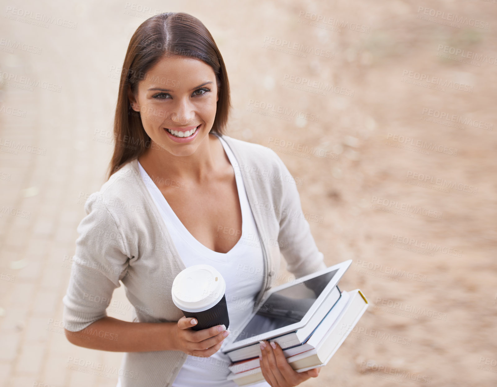 Buy stock photo Woman, portrait and coffee with student in park, technology and education with textbooks for studying. College girl, face and happiness in outdoor by tea, books and commitment to learning on internet