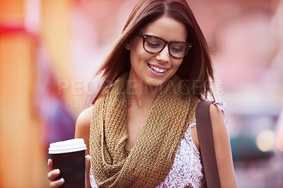 Buy stock photo Happy, coffee break and woman in city walking on street or outdoor on holiday or vacation in summer. Takeaway, tea and college student in town relax with beverage in a cup and freedom on adventure