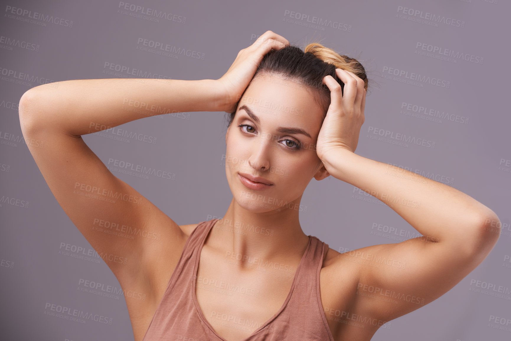 Buy stock photo Portrait of woman, model or skincare for dermatology, facial beauty or cosmetics for healthy glow. Isolated, results or confident person with natural shine or wellness in studio on purple background 