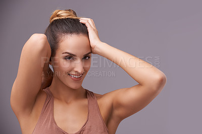 Buy stock photo Portrait of happy woman, face or beauty for cosmetics or skincare dermatology for healthy glow. Isolated results, natural or confident model with smile or wellness in studio on purple background