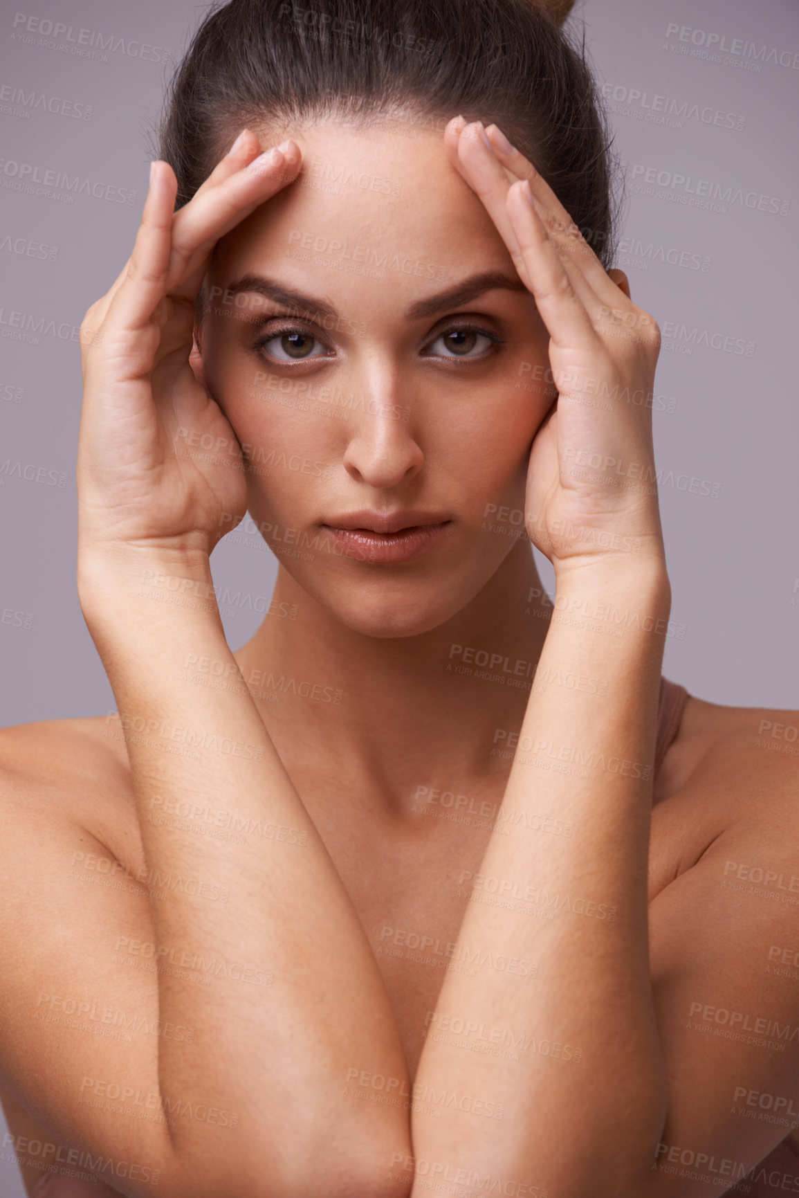 Buy stock photo Portrait of woman, hands or skincare with beauty or cosmetics for healthy glow or results. Isolated, female person or confident model with natural shine or wellness in studio on purple background 