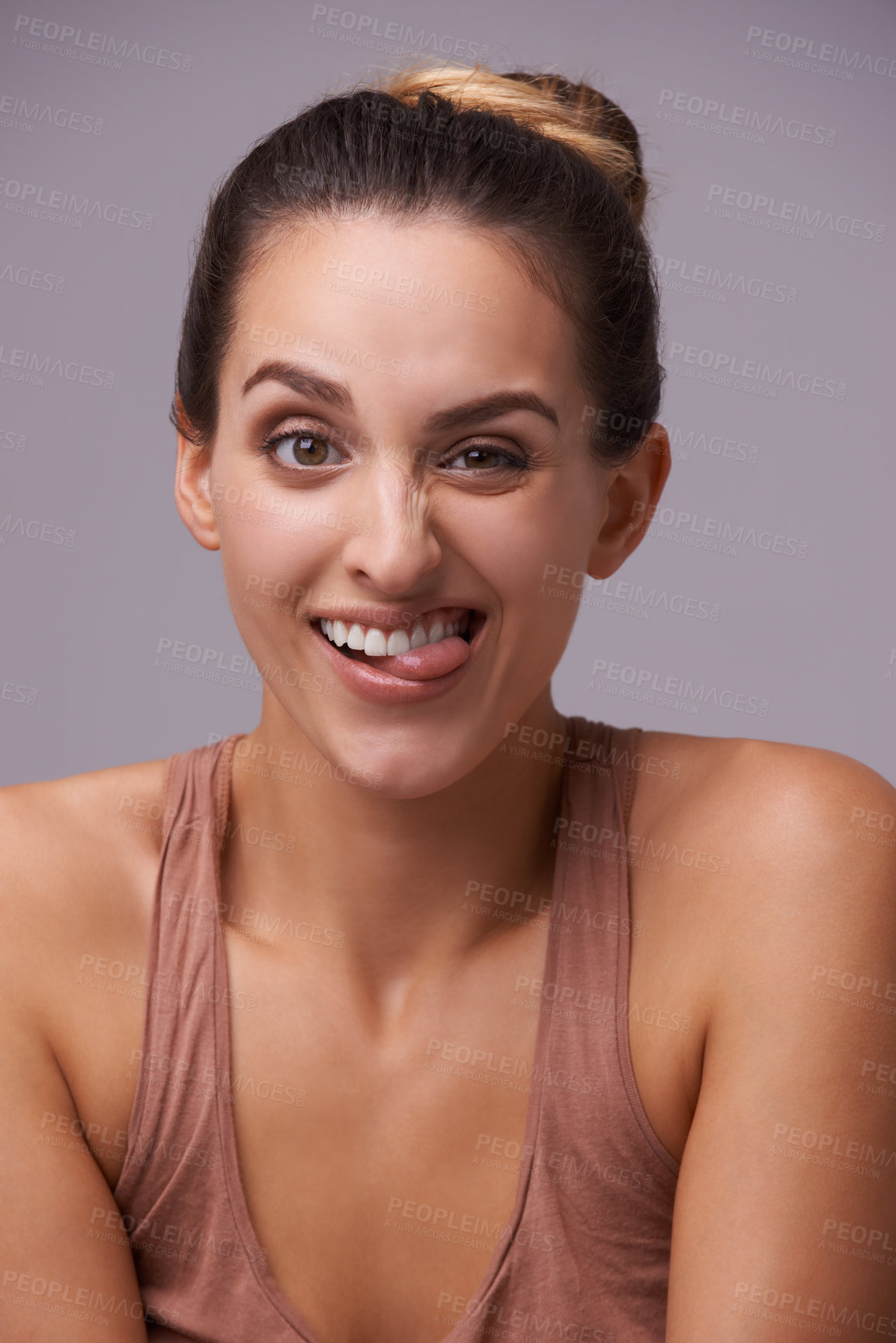 Buy stock photo Portrait, funny and woman with a smile, emoji and expression on a white studio background. Face, person and model with reaction, tongue out and cheerful with emotion, reaction and goofy with humor