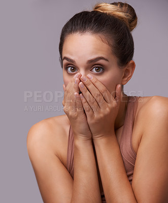 Buy stock photo Woman, shocked and portrait with mouth closed, wow or secret with hands, gossip on studio background. Surprise, news and omg for rumor, announcement and information with face, confession or wtf