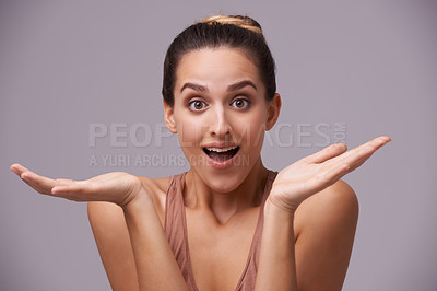 Buy stock photo Woman, shocked and portrait for prize, wow or excited with hands, good news on studio background. Surprise, winning and smile for achievement, competition and cheers for success, face and offer