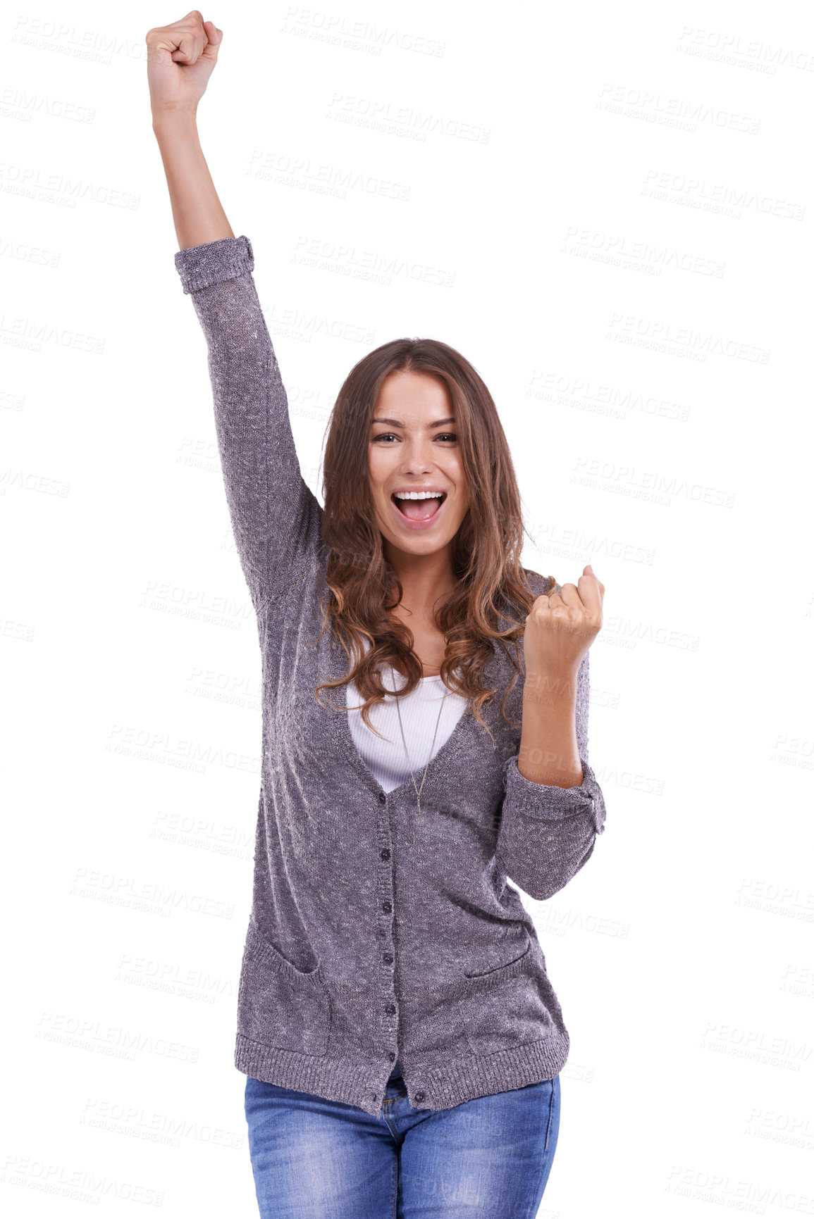 Buy stock photo Excited woman, portrait and fist pump in celebration for winning, promotion or bonus on white studio background. Face of happy young female person smile in joy for success, good news or achievement