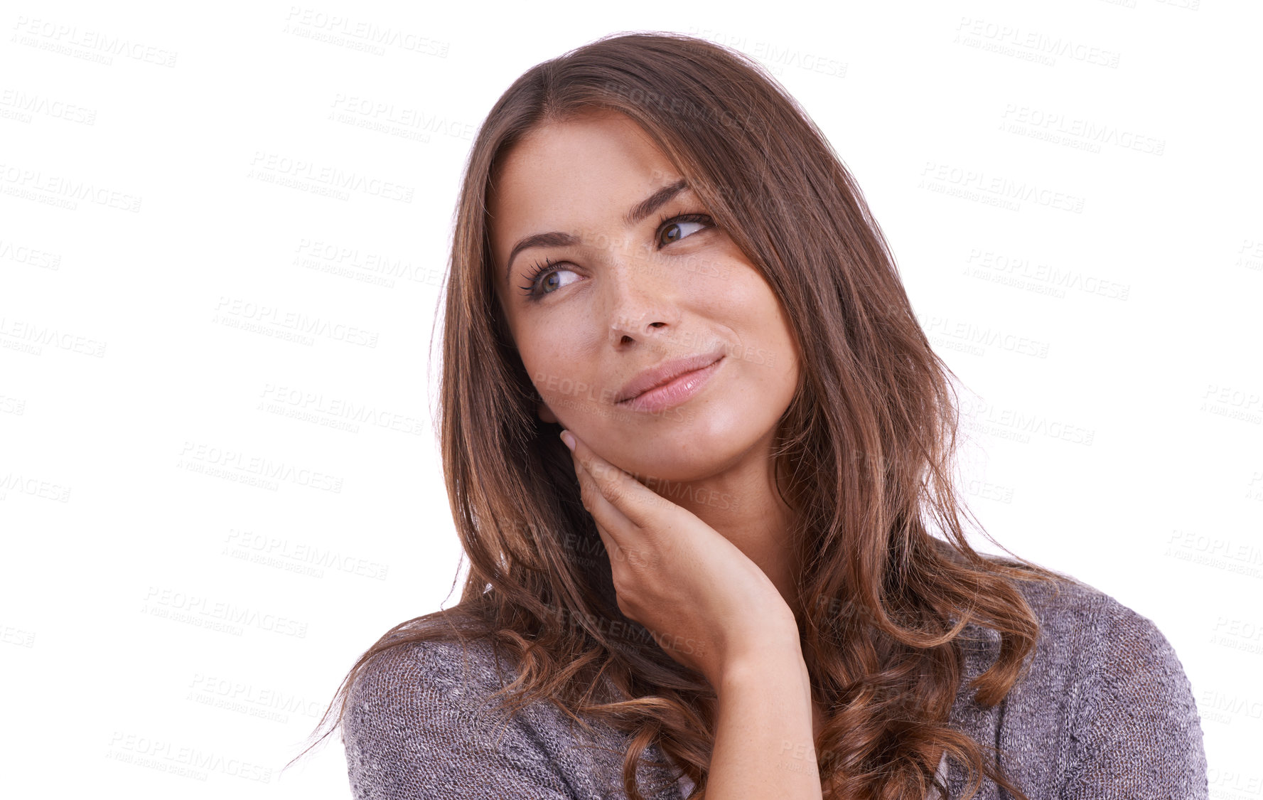 Buy stock photo Happy, woman and thinking of ideas in studio for planning insight, future decision and inspiration on white background. Curious model daydream to remember memory, brainstorming choice and questions