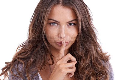 Buy stock photo Secret, woman and portrait in studio for sign of privacy, confidential deal and quiet on white background. Face of model with finger on lips for noise, gossip and news of mystery, emoji and whisper