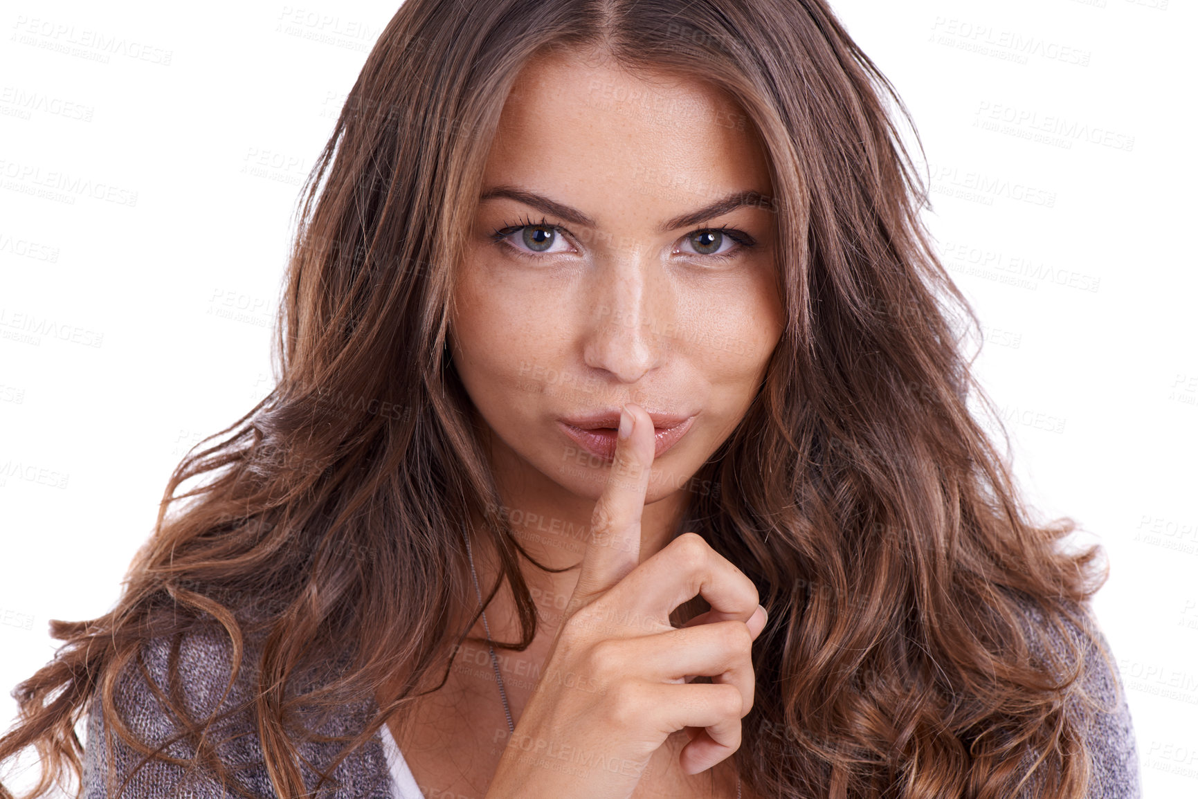 Buy stock photo Secret, woman and portrait in studio for sign of privacy, confidential deal and quiet on white background. Face of model with finger on lips for noise, gossip and news of mystery, emoji and whisper