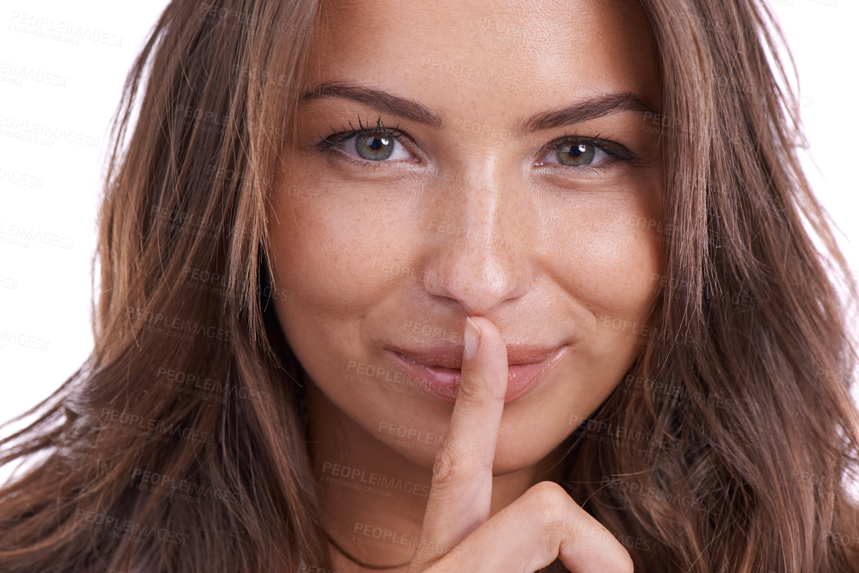 Buy stock photo Secret, portrait and woman with finger on lips in studio for quiet gesture, hush or whisper expression. Face, smile and female model with emoji for gossip, mouth or noise, confidential or drama