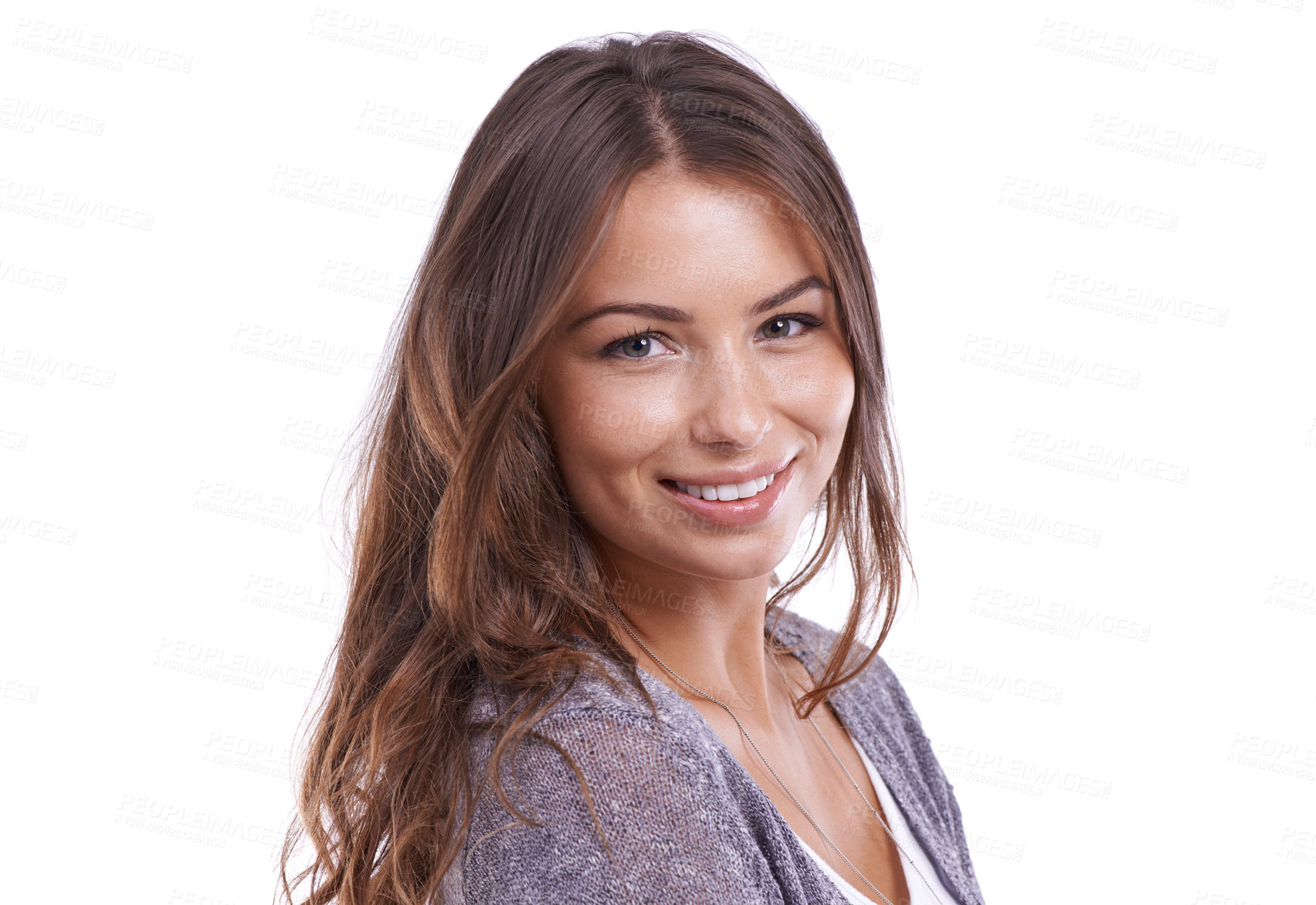 Buy stock photo Beauty, portrait and happy woman in studio for hair, care or shampoo, treatment or results on white background. Haircare, shine and face of model with healthy texture, growth or volume satisfaction