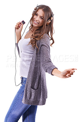 Buy stock photo Happy woman, portrait and headphones with radio for music or dancing on a white studio background. Face of young female person smile with audio player or headset for sound track, podcast or streaming