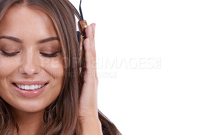 Buy stock photo Face of woman in studio with headphones, smile and mockup with space, sound and audio. Happy girl listening to music, podcast or streaming service online with technology, radio and white background.
