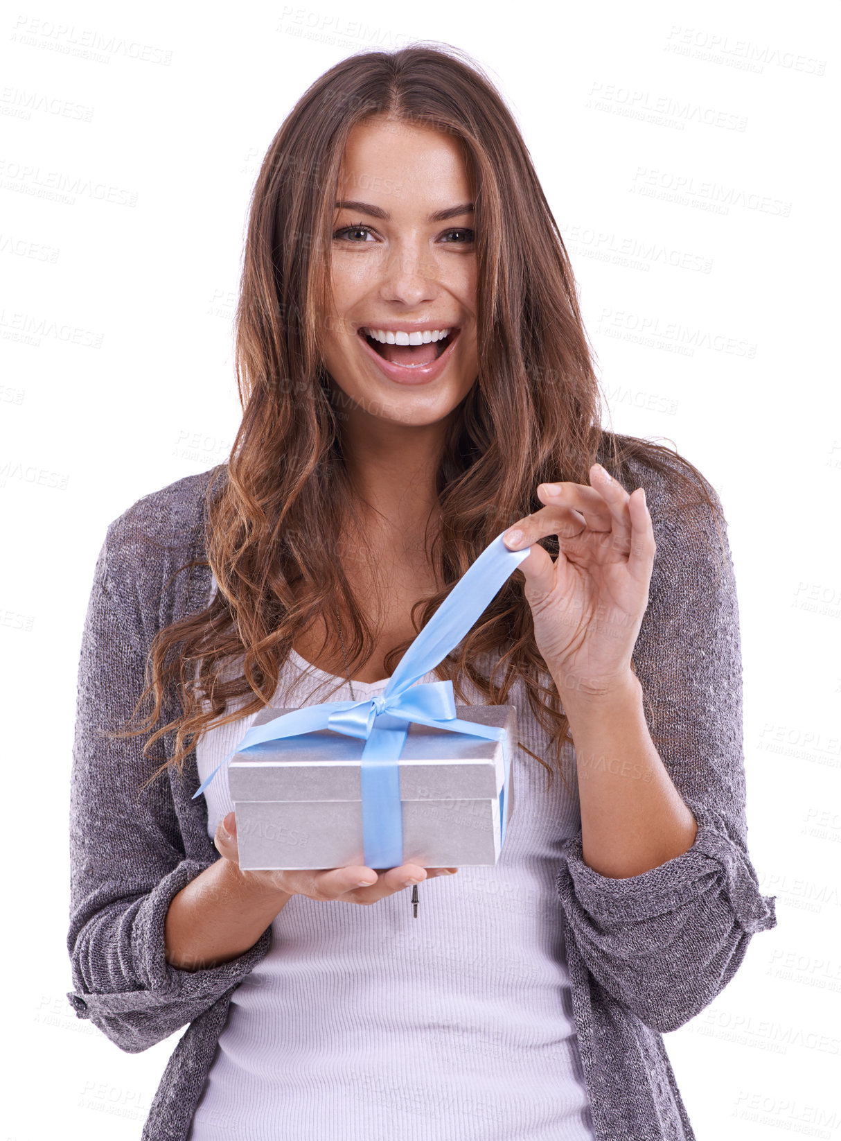 Buy stock photo Wow, portrait or woman with gift unboxing in studio for birthday, commerce or package on white background. Face, box or lady model with present, offer or prize promo, cashback or competition giveaway