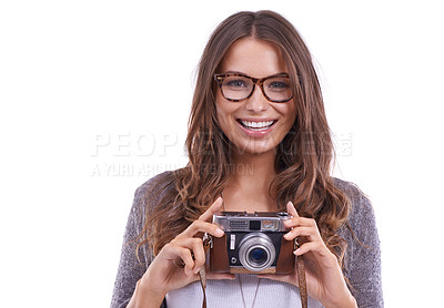 Buy stock photo Photographer, portrait and woman with retro camera in studio for photoshoot, content creation and paparazzi magazine on white background. Happy journalist, photography and creative media production 
