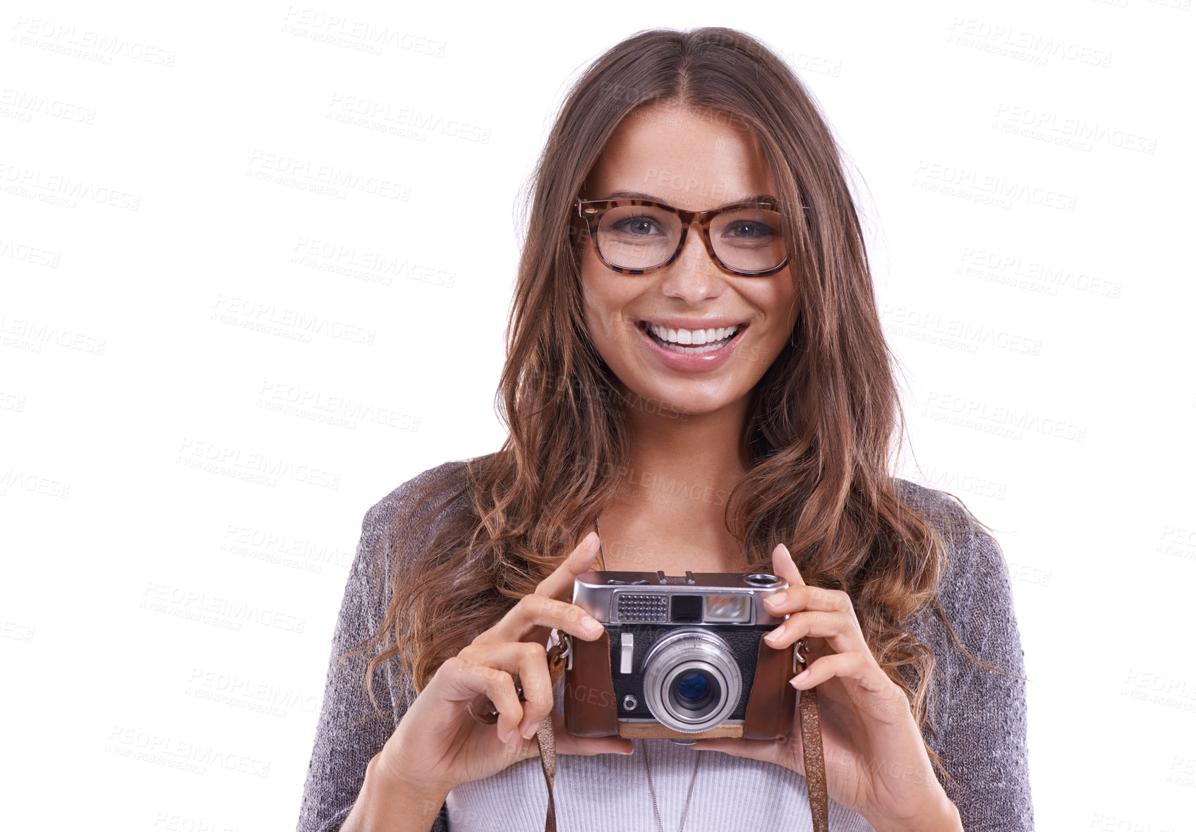 Buy stock photo Photographer, portrait and woman with retro camera in studio for photoshoot, content creation and paparazzi magazine on white background. Happy journalist, photography and creative media production 