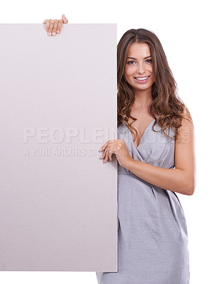 Buy stock photo Mockup, poster and portrait of happy woman in studio with space for advertising news info on white background. Empty, banner or face of female model with billboard presentation, offer or announcement