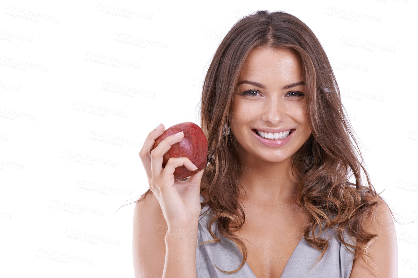 Buy stock photo Happy woman, portrait and apple for natural nutrition, diet or healthy snack on a white studio background. Face of female person or nutritionist smile with red organic fruit in health on mockup space