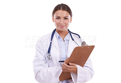 Buy stock photo Happy woman, portrait and doctor with clipboard for writing or healthcare results on a white studio background. Face of female person, surgeon or medical nurse for signup or life insurance on mockup