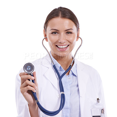 Buy stock photo Doctor, portrait and happy woman listening with stethoscope in studio for heartbeat, healthcare or cardiology on white background. Medical worker, evaluation and check heart, lungs and breathing test