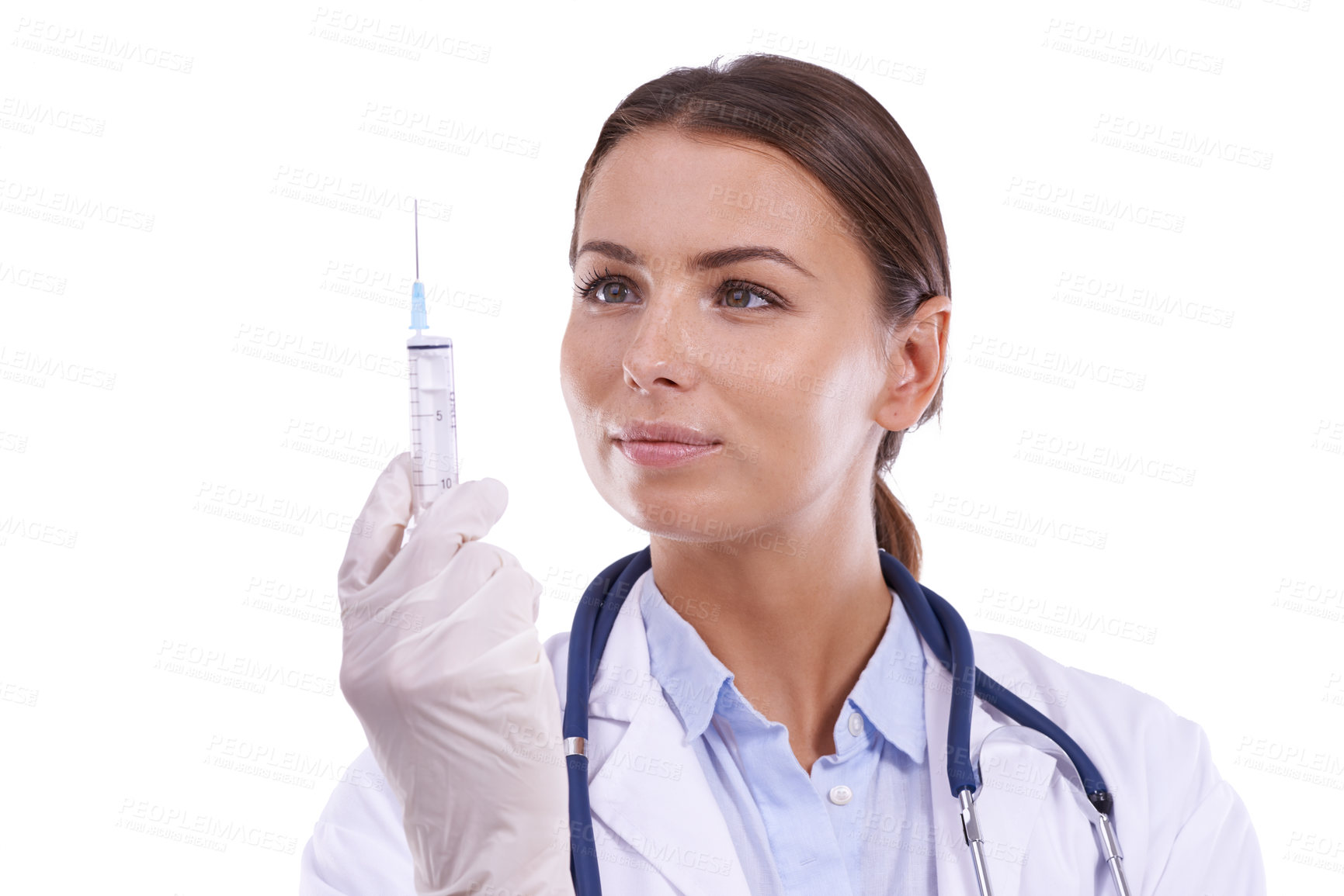 Buy stock photo Studio woman, doctor and vaccine needle of medicine, healthcare treatment or booster injection for disease protection. Hospital nurse, health or pharmacist with virus immunization on white background