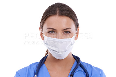 Buy stock photo Woman, portrait and doctor with face mask for protection, health and safety in surgery on a white studio background. Female person, surgeon or medical nurse with protective gear for bacteria or germs