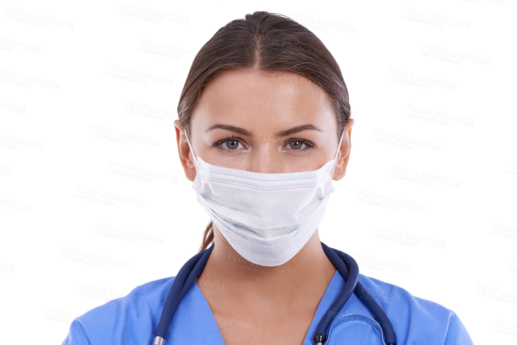 Buy stock photo Woman, portrait and doctor with face mask for protection, health and safety in surgery on a white studio background. Female person, surgeon or medical nurse with protective gear for bacteria or germs