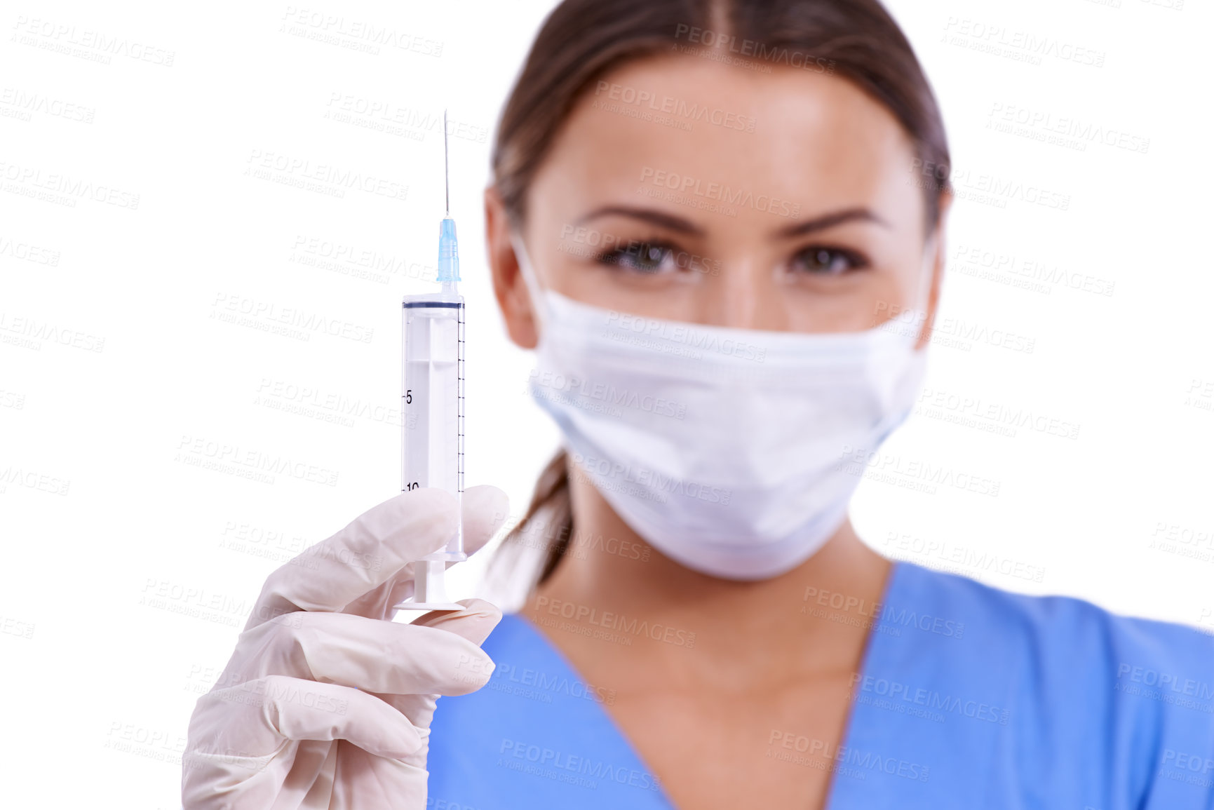 Buy stock photo Woman, portrait and doctor with face mask or needle for protection, health and safety on a white studio background. Female person, surgeon or medical nurse with syringe for vaccination or anesthetic