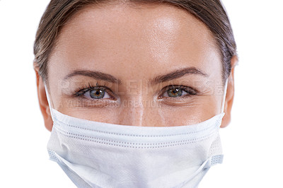 Buy stock photo Portrait, healthcare and woman doctor with face mask in studio for safety from illness or bacteria on white background. Medical, smile or eyes of nurse at hospital with cover for clinic compliance