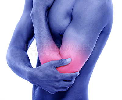 Buy stock photo Elbow, closeup and man with pain, injury and model isolated on white studio background. Person, highlight or guy with muscle tension, strain or broken with joint, bruise or inflammation with accident