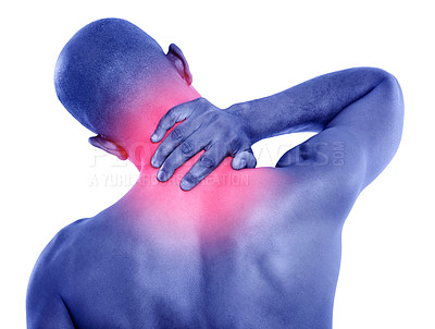 Buy stock photo Rear view shot of a man holding onto his sore neck