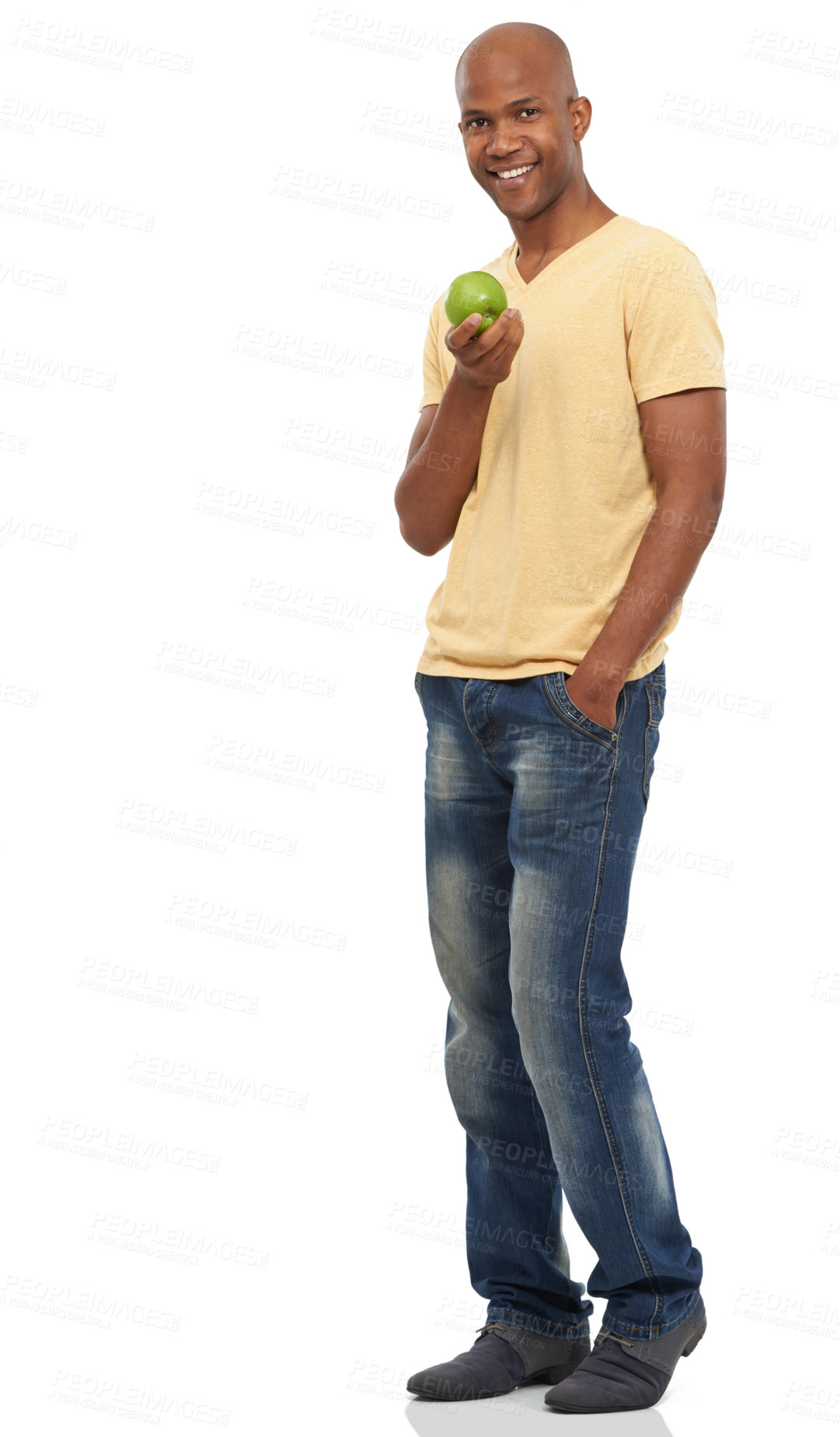 Buy stock photo Black man, apple for nutrition, diet or detox for health with vegan life isolated on white background. Organic, fresh and green with fruit, wellness and healthy food for weight loss in studio