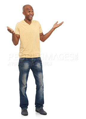 Buy stock photo Casual, shrug and thinking with black man, smile and model isolated on white studio background. African person, mockup space and guy with expression, decision and choice with doubt, why and questions