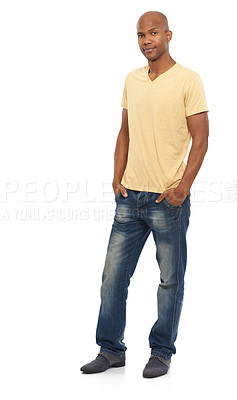 Buy stock photo Portrait, smile and black man with fashion, casual outfit and confident guy isolated on a white studio background. African person, mockup space and model with stylish clothes, cheerful and positive