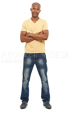 Buy stock photo Portrait, smile and black man with arms crossed, fashion and confident guy isolated on white studio background. African person, mockup space and model with stylish outfit, trendy clothes and cheerful