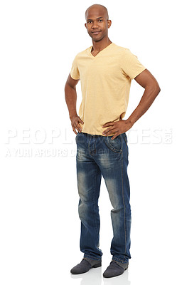 Buy stock photo Portrait, fashion and black man with hands on his hips, stylish outfit and confident guy isolated on a white studio background. African person, mockup space and model with jeans and casual clothes
