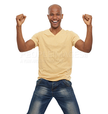 Buy stock photo Cheering, portrait and black man with celebration, winner and achievement isolated on a white studio background. African person, mockup space and deal with victory, emoji and wow with omg and success