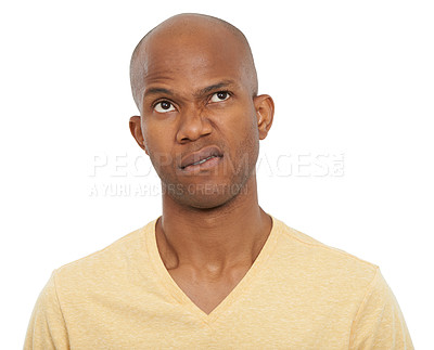 Buy stock photo Portrait, confused and black man with decision, thinking and confident guy isolated on white studio background. African person, choice or model with ideas, opportunity and doubt with questions or why