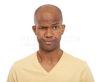 Buy stock photo Portrait, thinking and confused with black man, doubt and expression isolated on white studio background. Face, African person and model with emoji, reaction and facial with mockup space and question