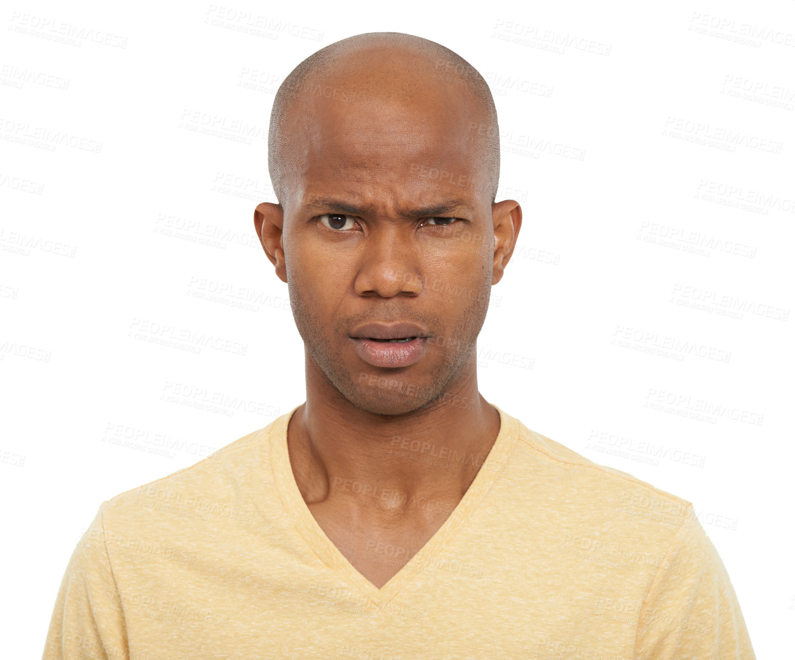 Buy stock photo Portrait, reaction and confused with black man, doubt and expression isolated on white studio background. Face, African person and model with emoji, reaction and facial with mockup space and thinking
