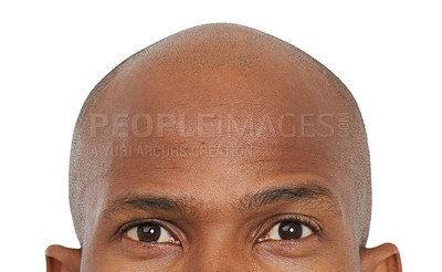 Buy stock photo Eyes, head and man with raised eyebrow, question or why with curiosity or vision for closeup on white background. Cropped portrait, eyecare or eyesight with investigation and looking for perspective