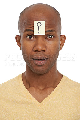 Buy stock photo Portrait question mark sticker or black man with sign or doubt for decision, ideas or problem solving. Confused, face or model in studio with why icon, font or paper for solution on white background