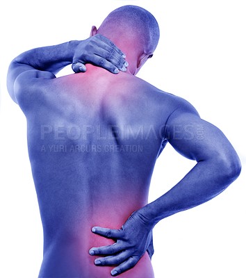 Buy stock photo Man, backache and neck pain with red glow, spine injury and illness with fibromyalgia pr pressure on white background. Overlay, body and sick in studio with muscle tension, inflammation and strain