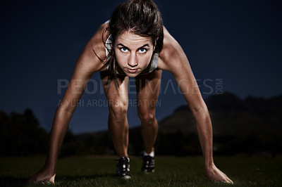 Buy stock photo Woman, portrait and runner start line for training for marathon race at night, performance or endurance. Female person, face and exercise in dark or cardio activity or fitness, workout or practice